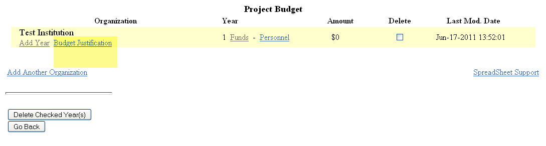 Budget justification section with table displaying year information and edit options