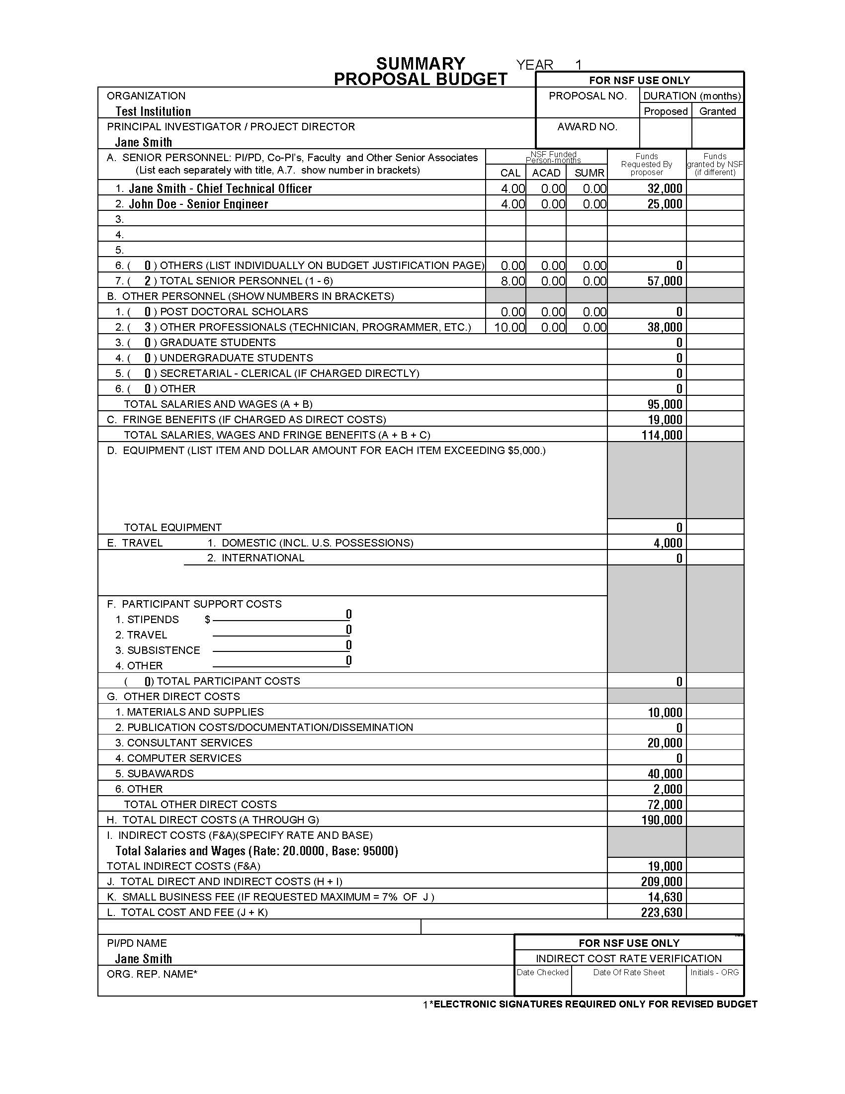 PDF of example proposal budget filled out