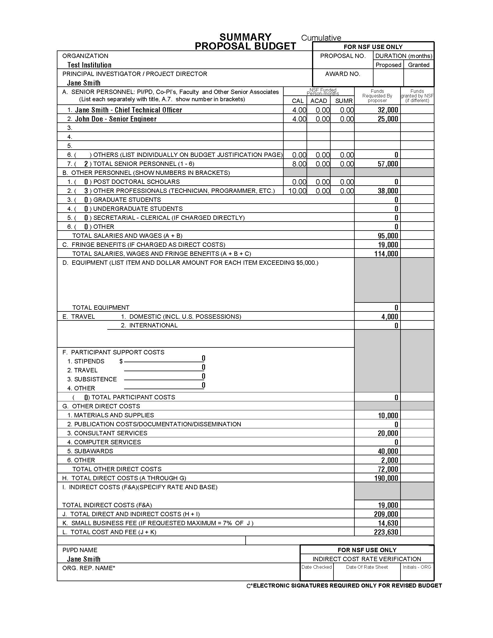 Form Preparation part 21  NSF SBIR Within Grant Proposal Budget Template