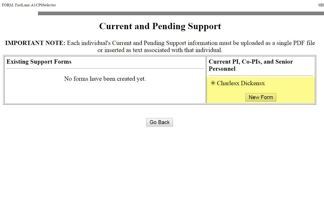 Current and Pending Support table for existing forms and option to add new ones