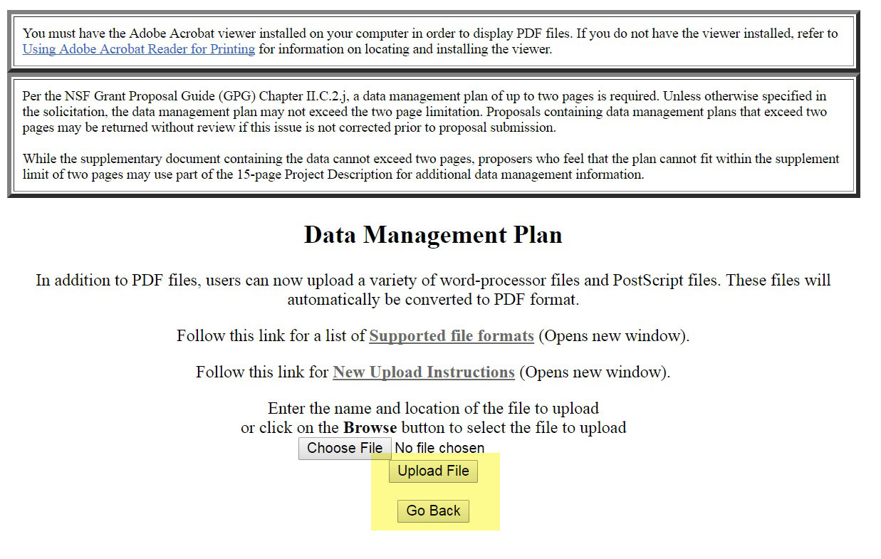 Data Management file upload screen
