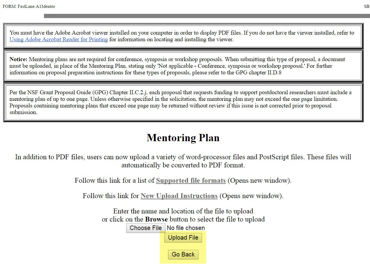 Mentoring Plan file upload screen