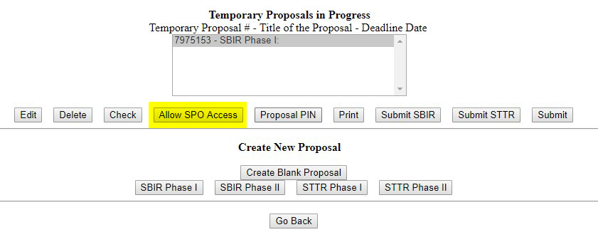 Allow SRO Access screen with selection box of proposals
