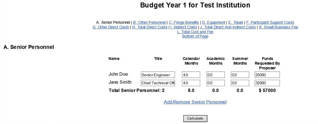 Example senior personnel screen with options to enter lengths of time and funds necessary